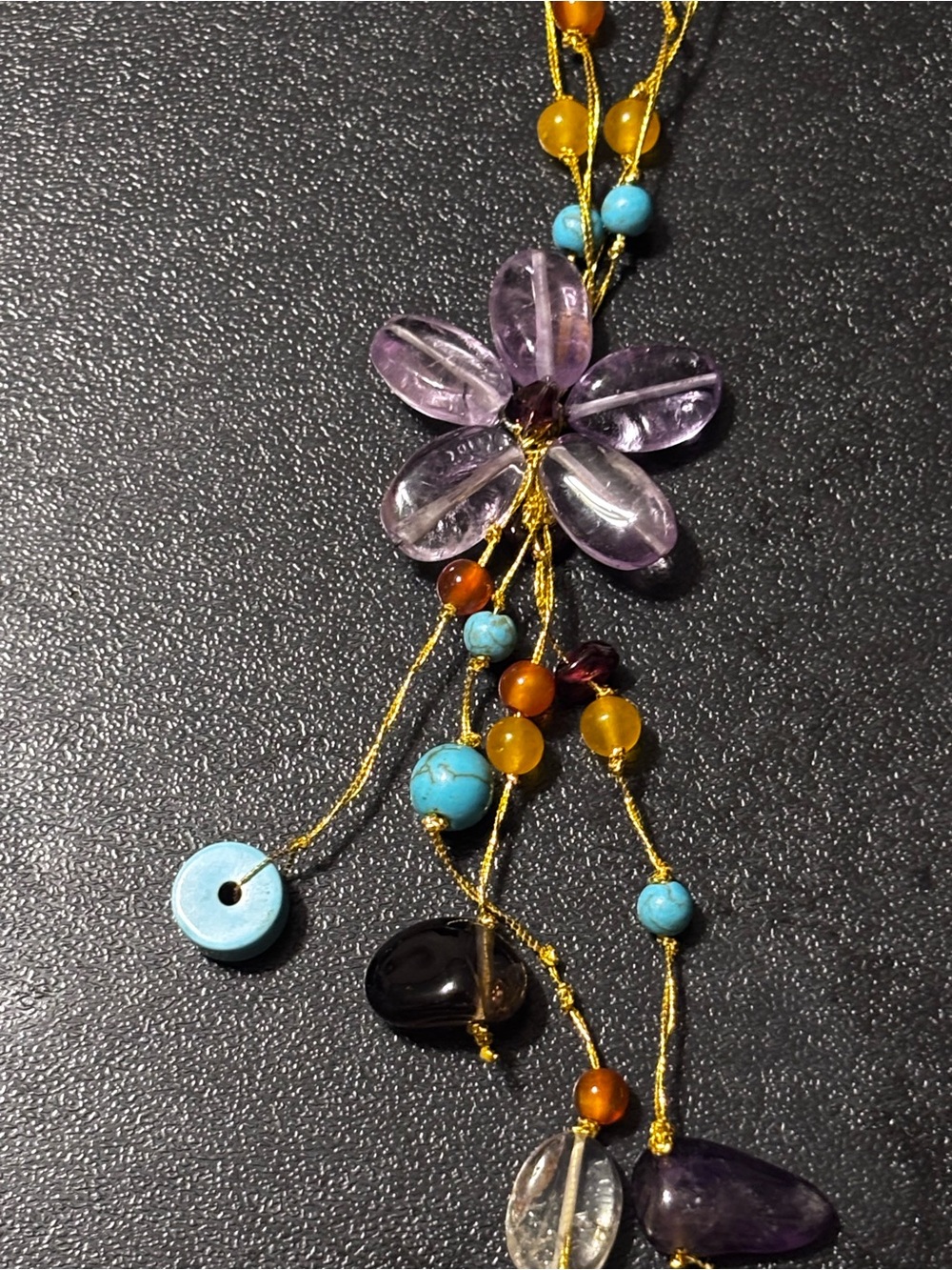 Dangle Multi-strand Amethyst Flower Necklace made with several Types of Gemstone